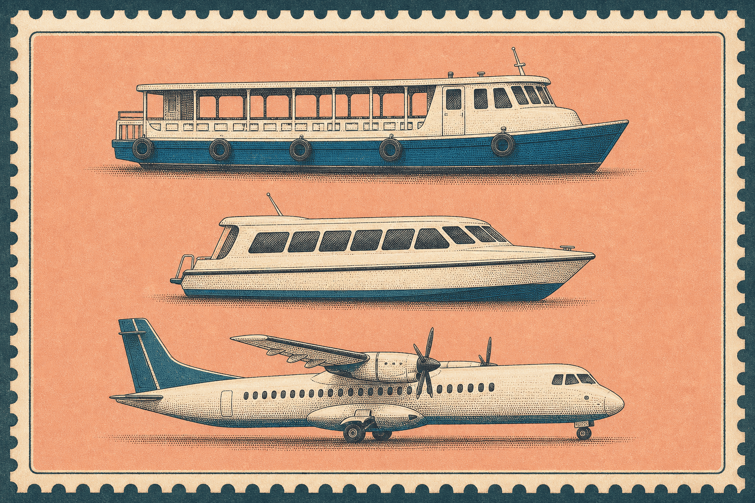 Vintage stamp-style illustration showing a Maldivian ferry, speedboat, and domestic turboprop aircraft as transport options.