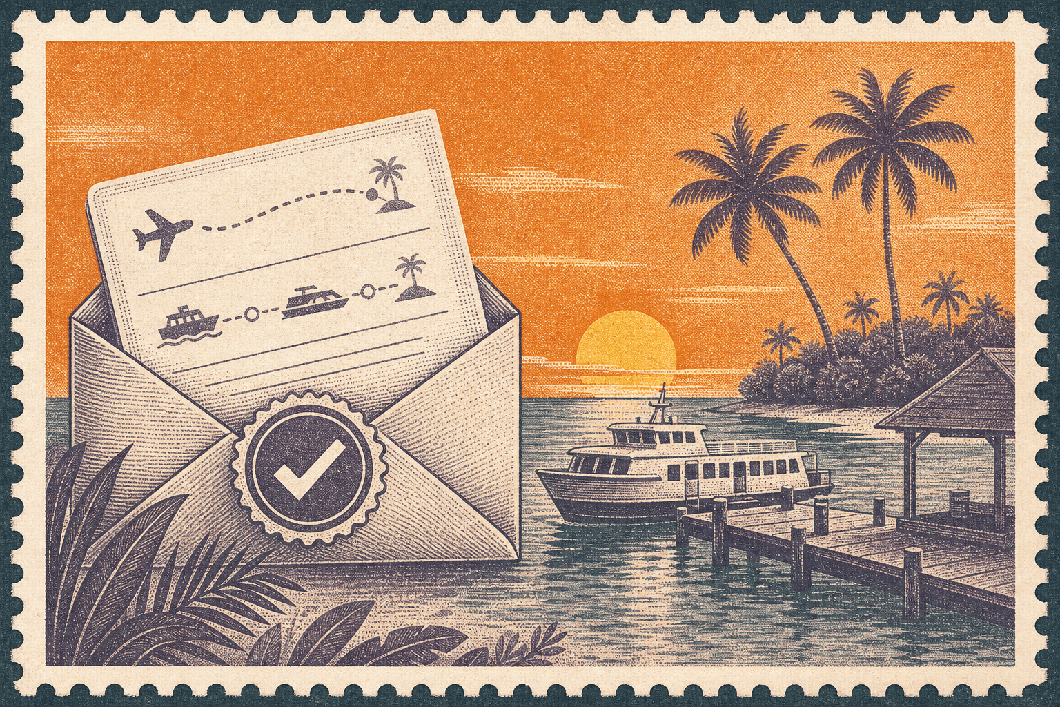 Vintage stamp-style illustration of a route card in an envelope with a confirmation seal beside a Maldives pier.