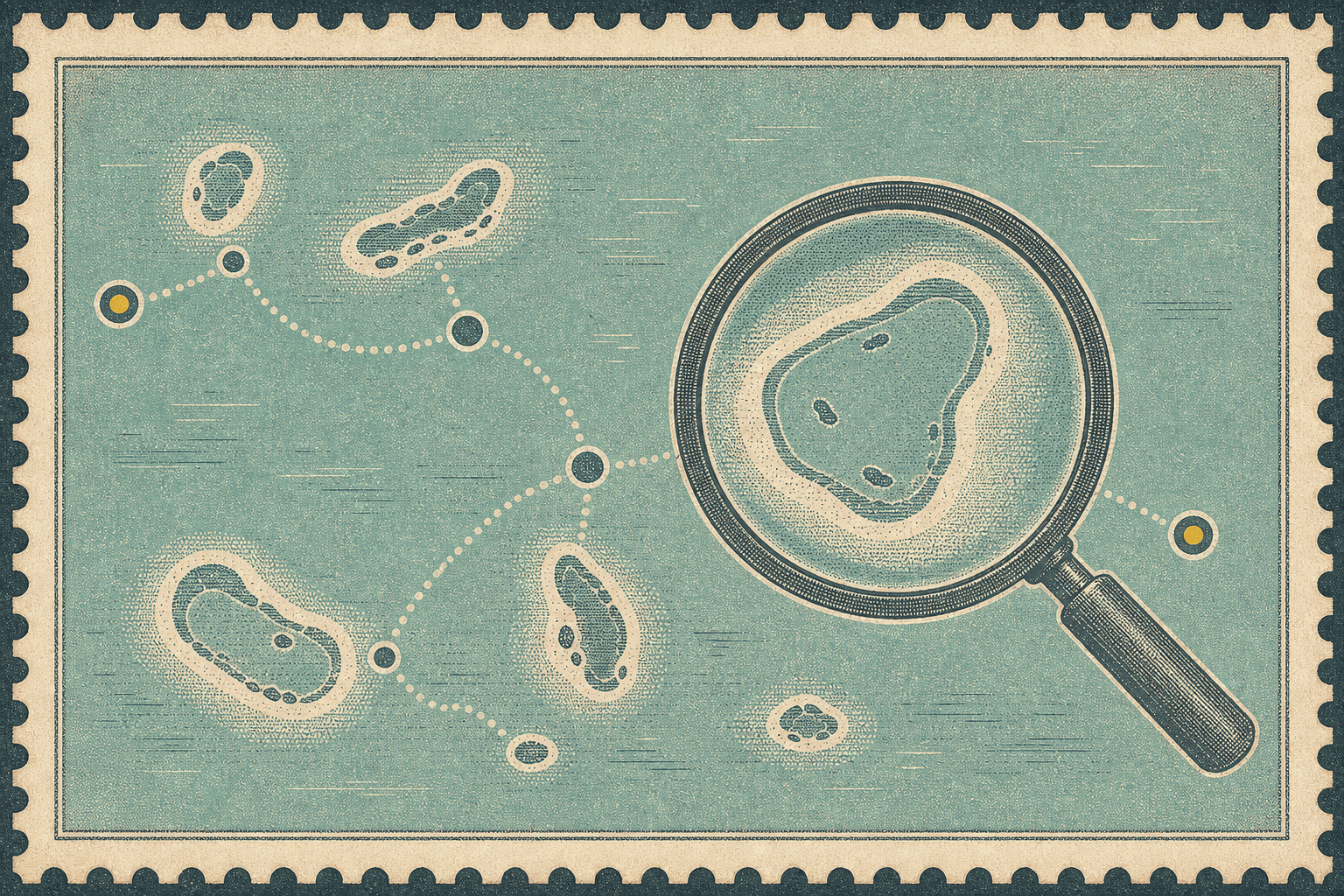 Vintage stamp-style illustration of abstract Maldives islands connected by a dotted route and a large magnifying glass.