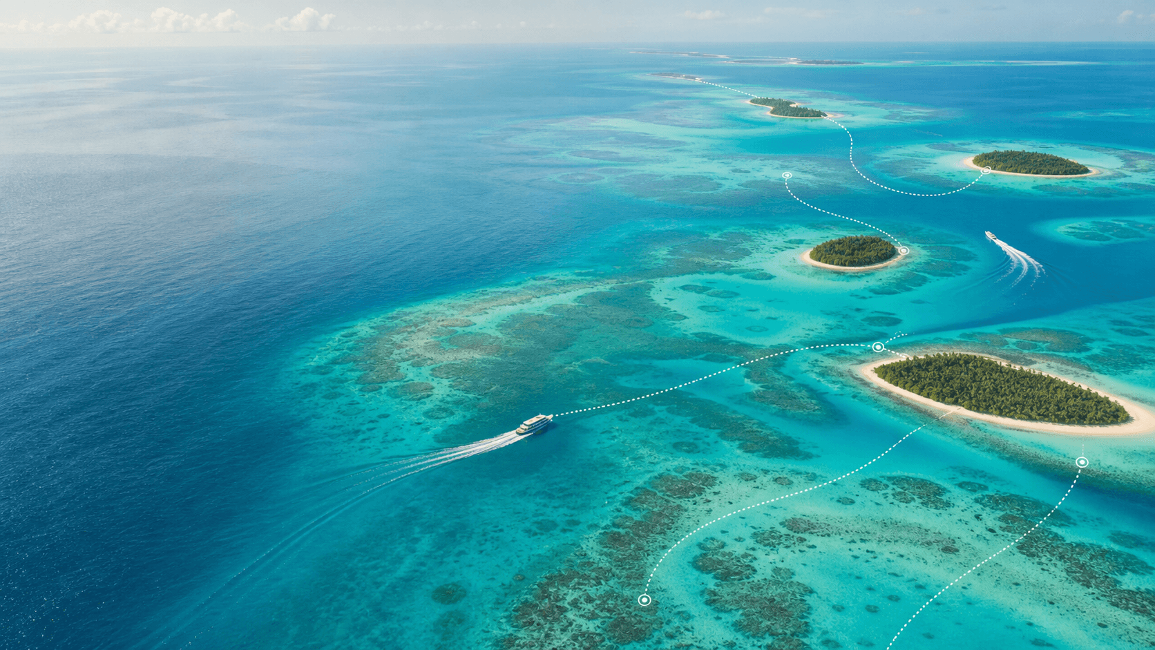 Aerial view of Maldives islands connected by dotted transfer routes across turquoise lagoon water