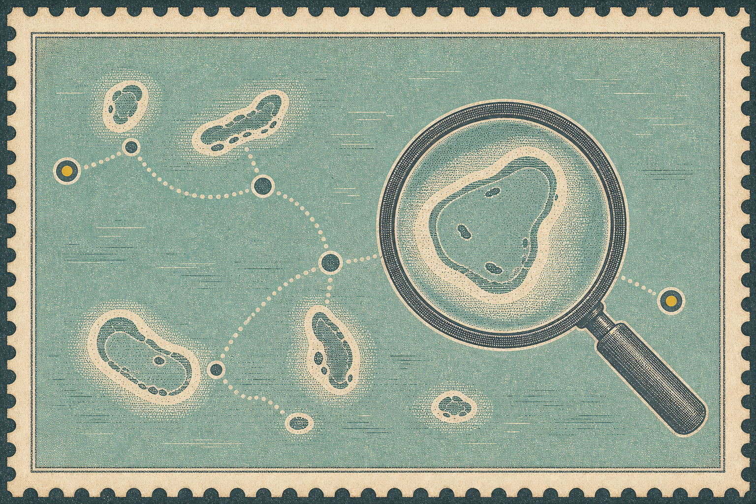 Vintage stamp-style illustration of abstract Maldives islands connected by a dotted route and a large magnifying glass.